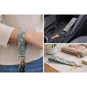 Sage Green Floral Fabric Wristlet Keychain Lanyard Botanical Print Silver Clasp